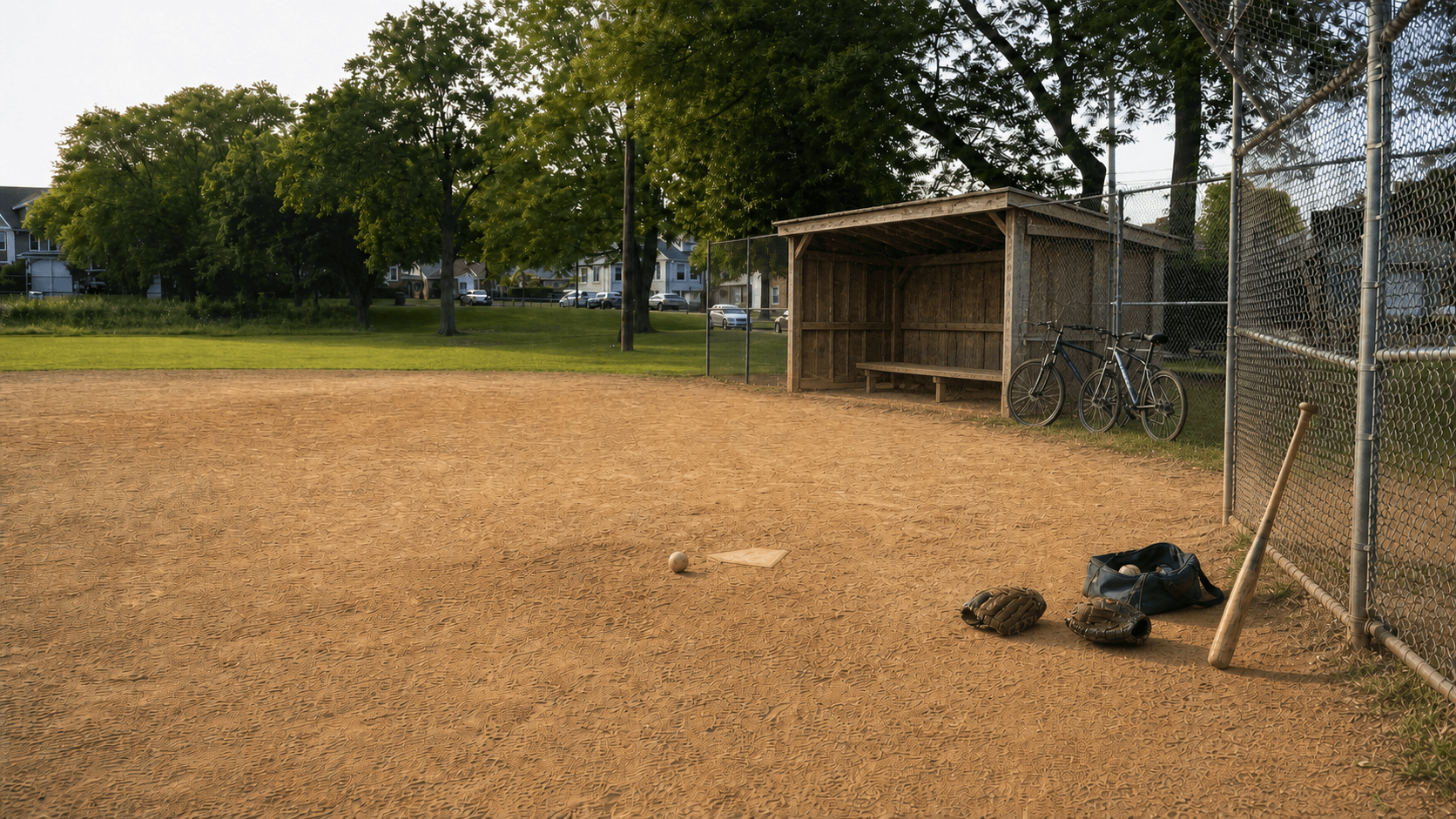 Baseball gear and bicycles beside a handmade wooden dugout at a neighborhood sandlot